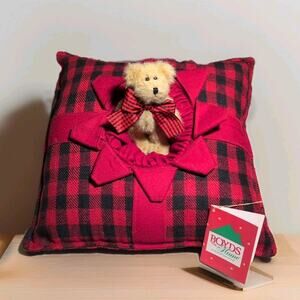 Boyds Bear Home Collection Mountain Pine Black Red Plaid Bear Present Pillow Vtg